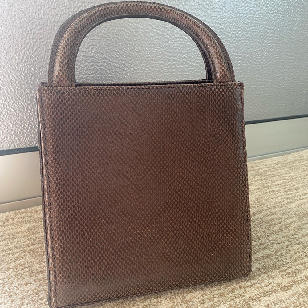 Chocolate-brown snakeskin angular handbag